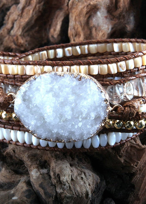 Boho Bracelet, RH 5 Layers Leather Wrap Bracelet, Natural Stones, Snow White